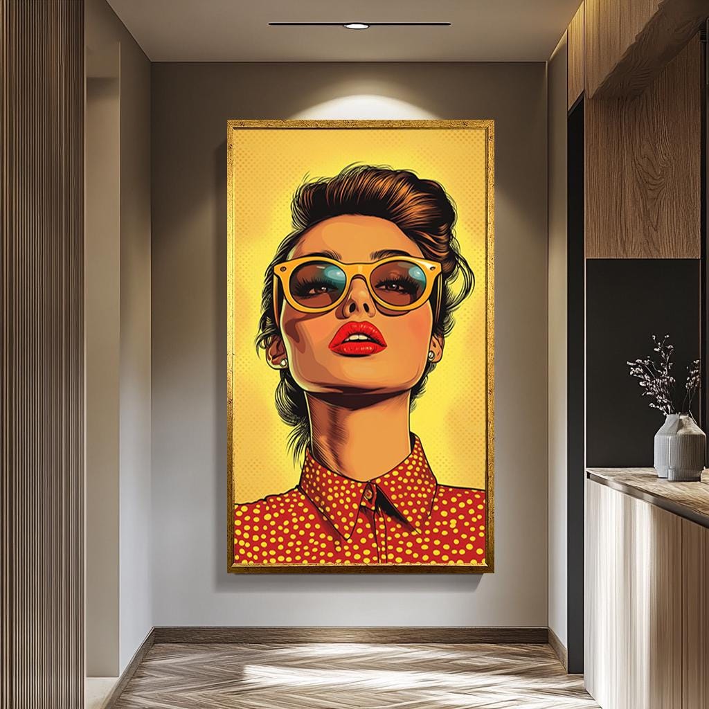Pop Art Canvas Print – Bold Woman in Sunglasses | Retro Yellow Polka Dot Wall Art