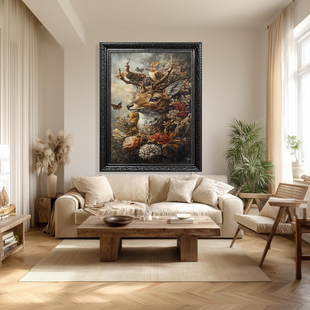 Vintage Deer Canvas – Woodland Animal Print with Butterflies, Rabbits & Flowers
