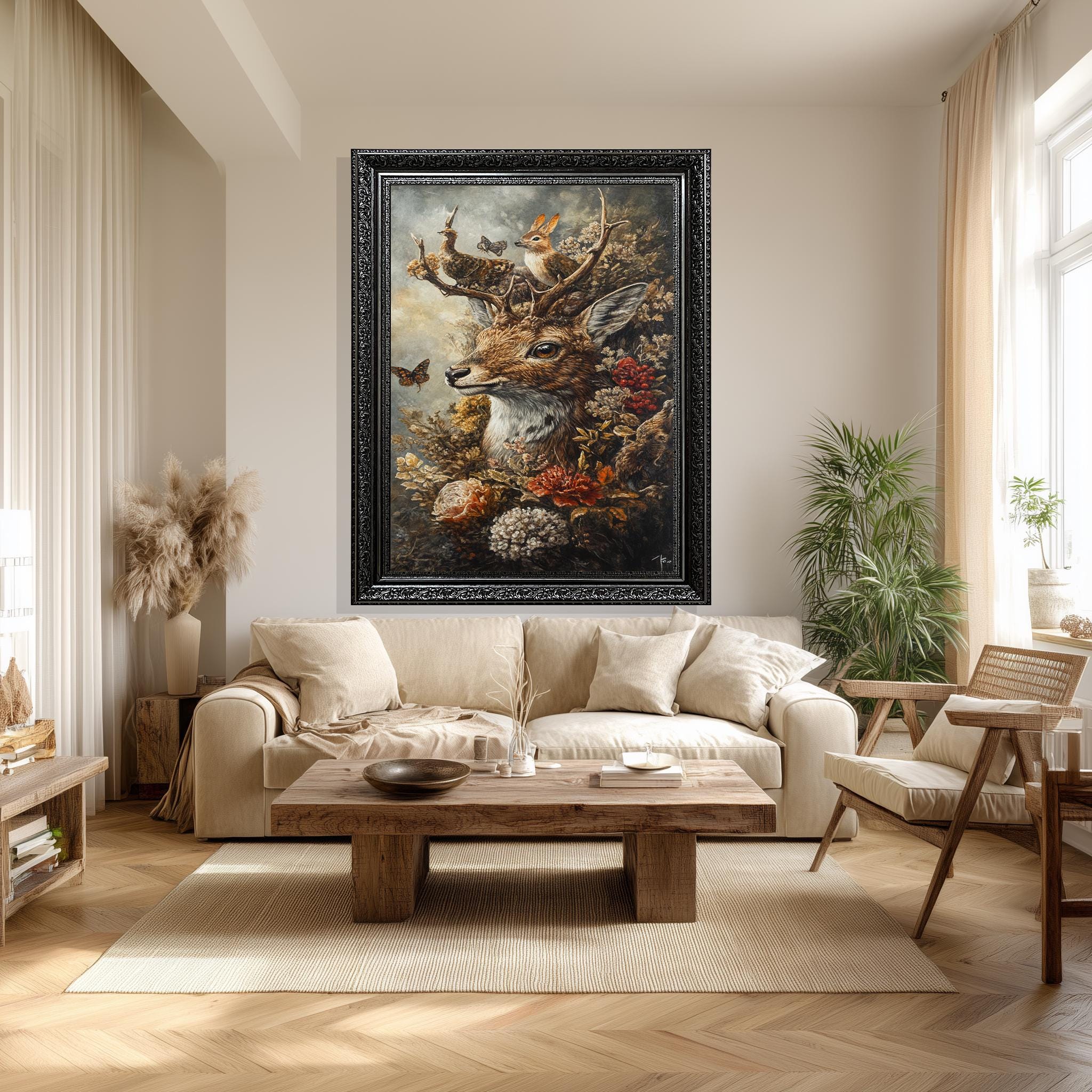 Vintage Deer Canvas – Woodland Animal Print with Butterflies, Rabbits & Flowers