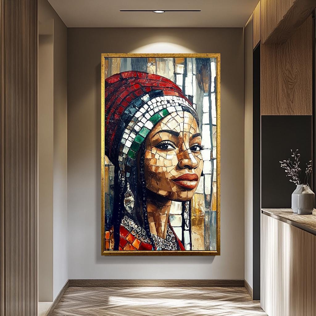 African Women Wall Art – Mosaic-Inspired Female Portrait Canvas | Vibrant Cultural Decor