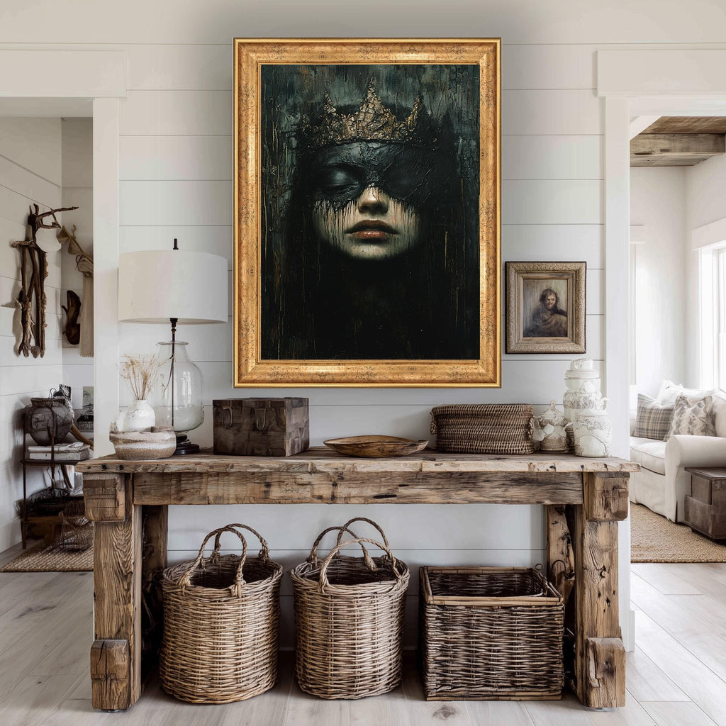Dark Gothic Queen Art – Moody Fantasy Portrait Print With Crown | Gothic Wall Decor