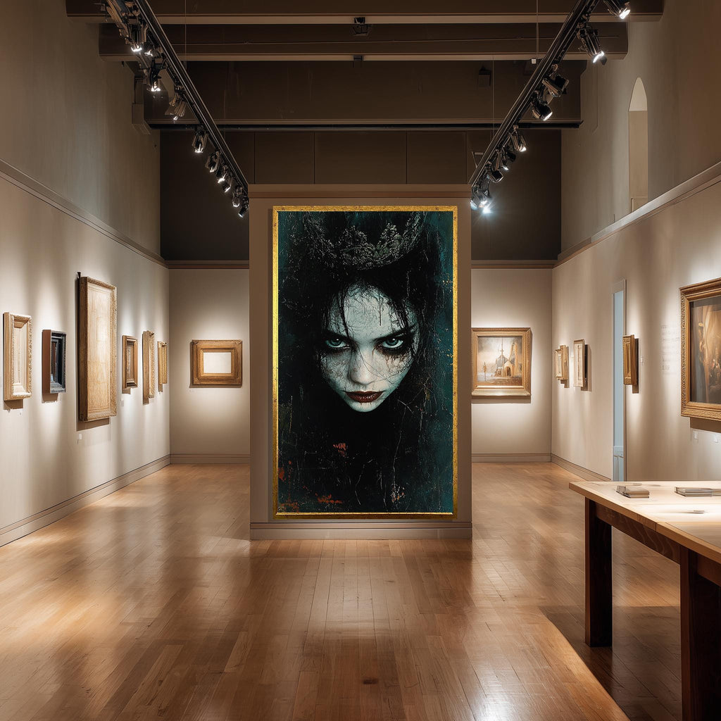 Gothic Woman Canvas Print – Dark Fantasy Portrait with Blue Eyes & Crowned Skin