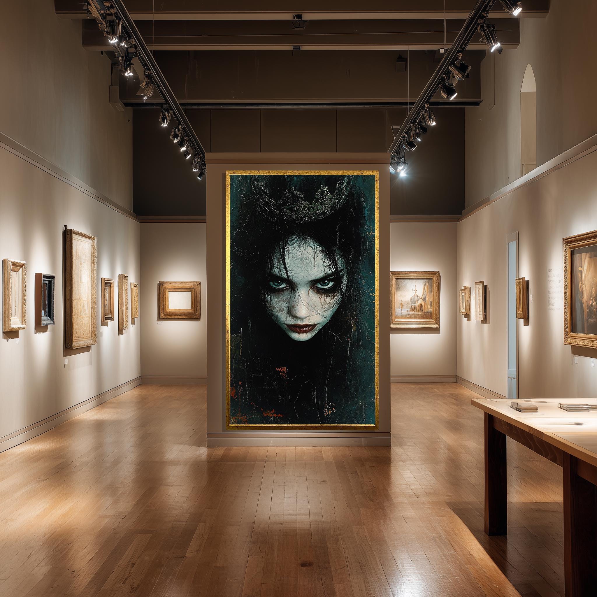 Gothic Woman Canvas Print – Dark Fantasy Portrait with Blue Eyes & Crowned Skin