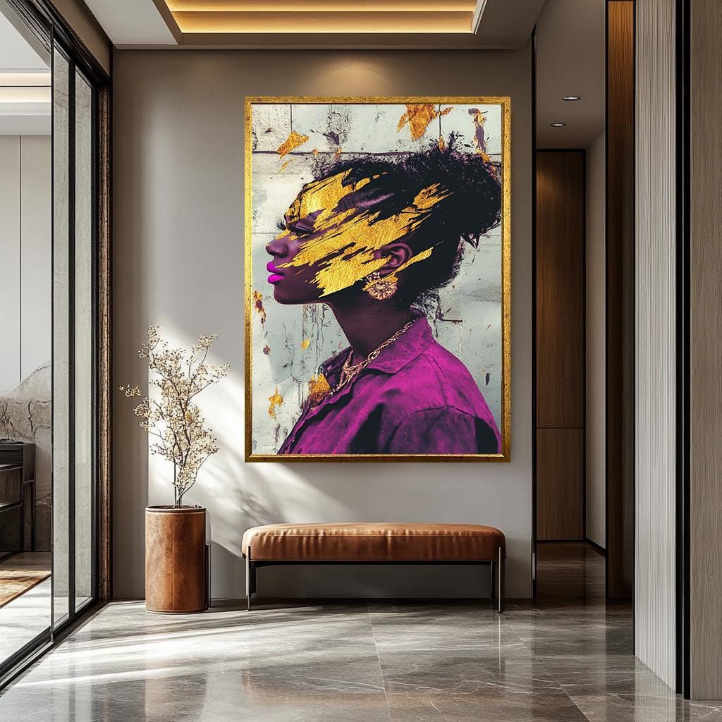 Black Woman Wall Art – Gold Abstract Canvas | Modern Feminine Decor, Vibrant Colors