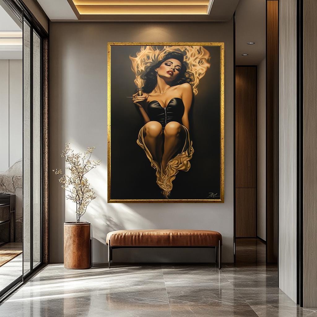 Sensual Women Wall Art - Fiery Female Canvas | Abstract Women Portrait | Black Gold Artwork