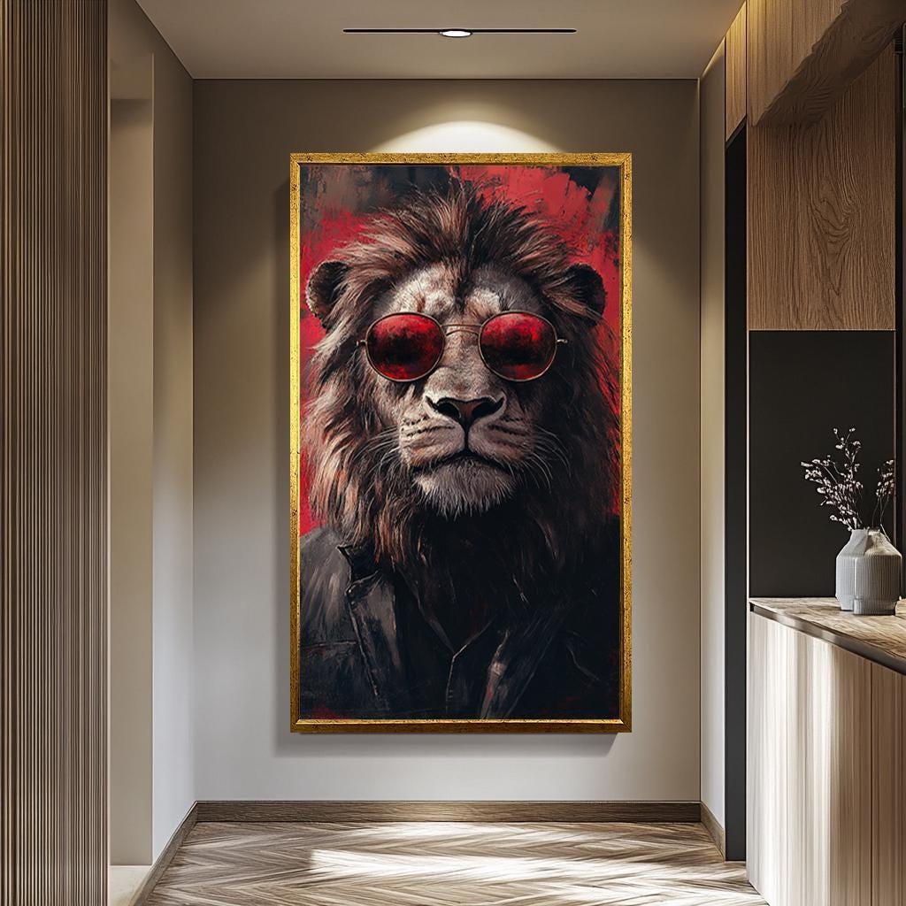 Lion Wall Art – Red Black Canvas Print | Hipster Animal Canvas Decor