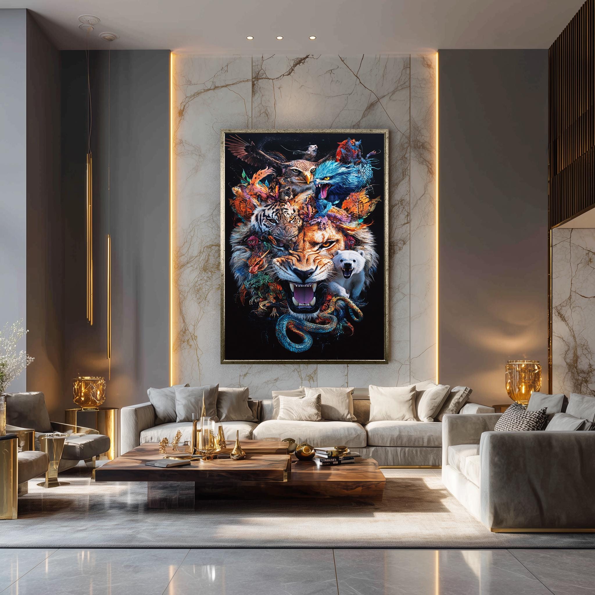 Animal Collage Wall Art – Bold Wildlife Canvas Print Featuring Lion, Tiger & Mythical Creatures