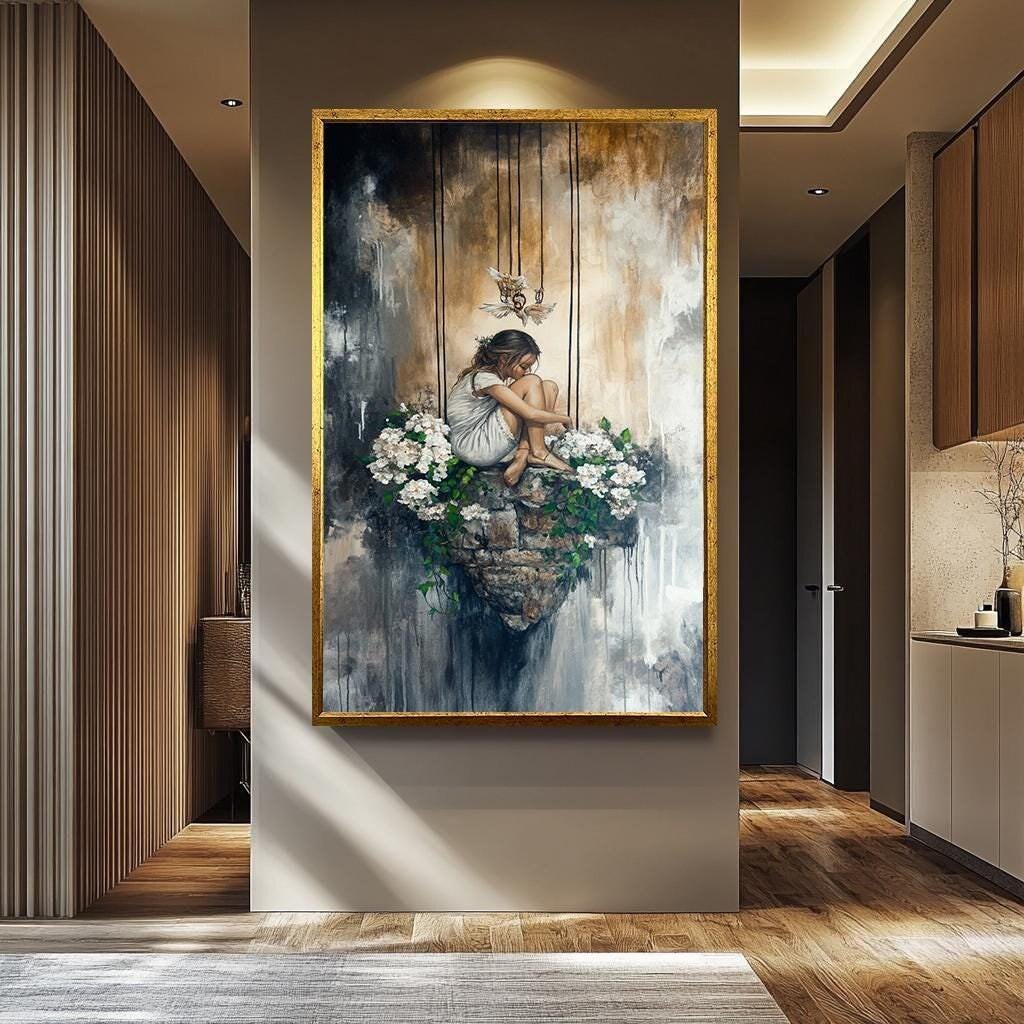 Surreal Woman Canvas Print – Dreamy Floating Girl Art | Vibrant Women Abstract Canvas