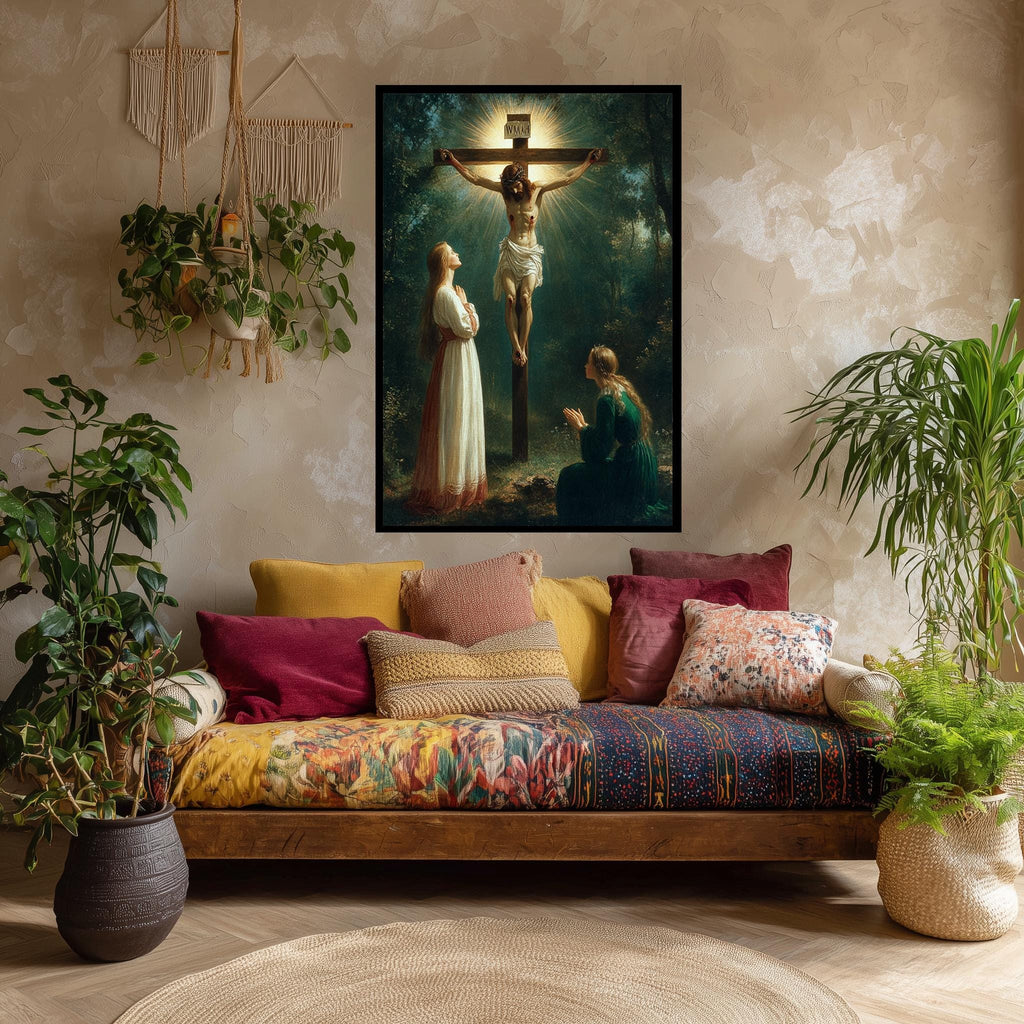 Jesus on the Cross Canvas | Christian Wall Art - Crucifixion Scene Print with Divine Light