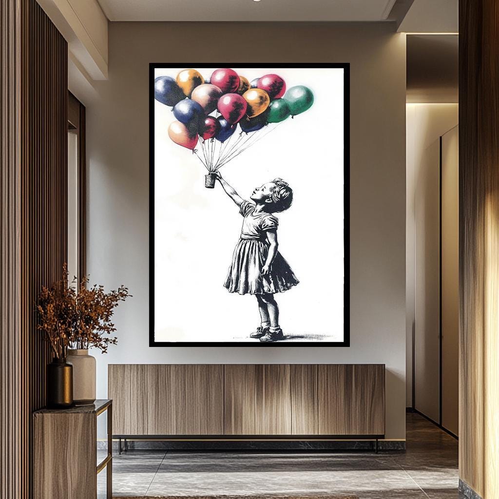 Banksy Balloon Wall Art - Colorful Balloon Girl Canvas | Hand-Painted Graffiti Decor
