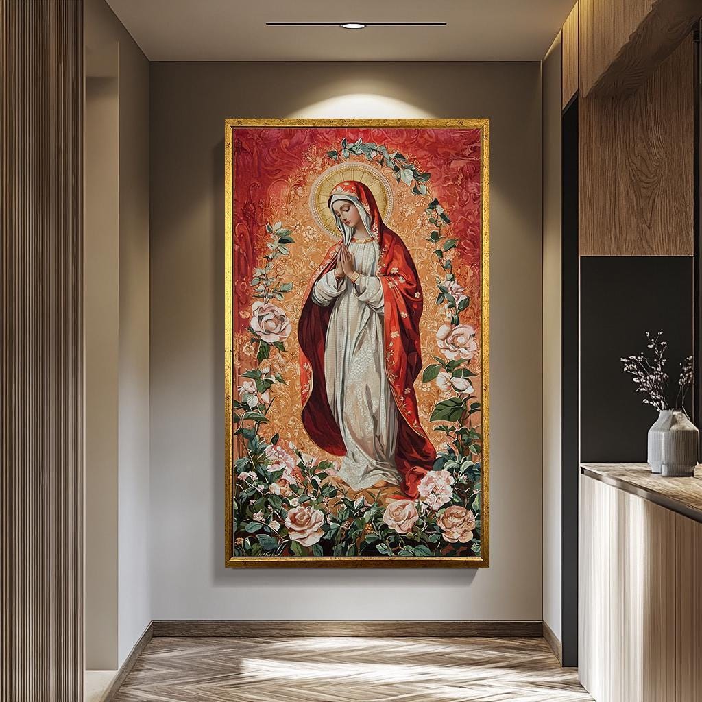Virgin Mary Wall Art – Traditional Catholic Painting | Rose Garden Decor Canvas