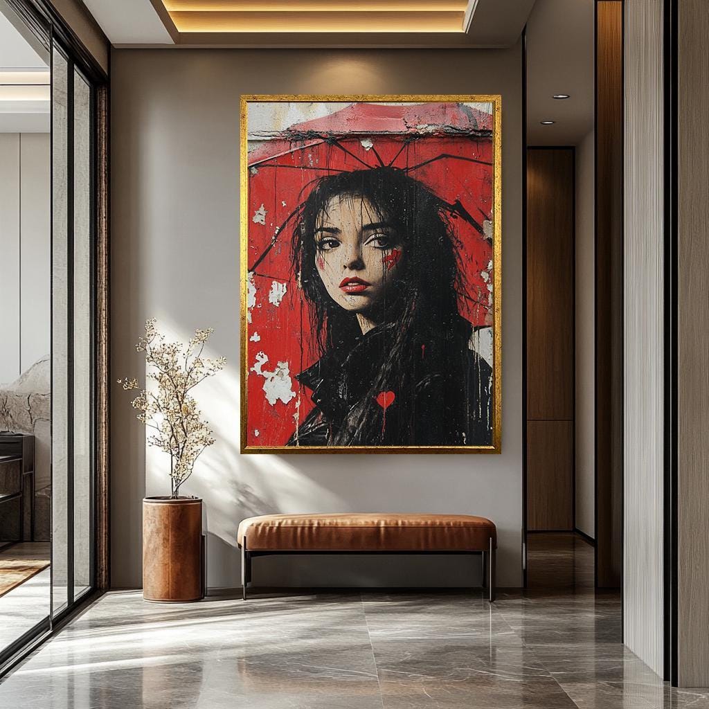 Urban Woman Wall Art - Graffiti Wall Art Portrait Canvas Print with Red Umbrella