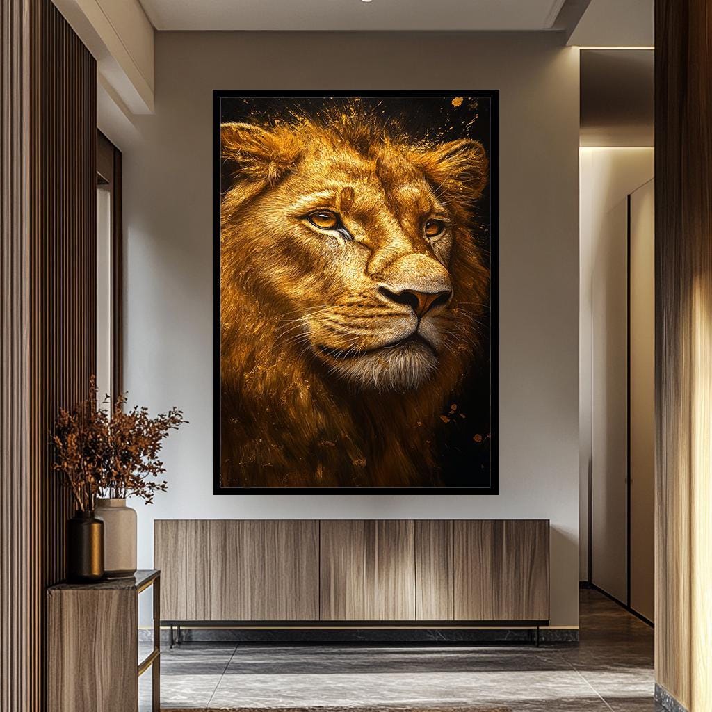 Lion Wall Art – Golden Lion Portrait Canvas Print | Luxury Wildlife Decor