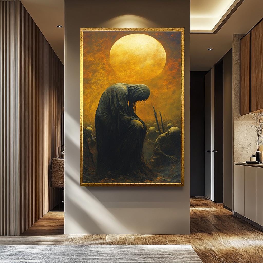Dark Fantasy Canvas Print – Hooded Figure Artwork with Apocalyptic Skeleton Army & Golden Moon