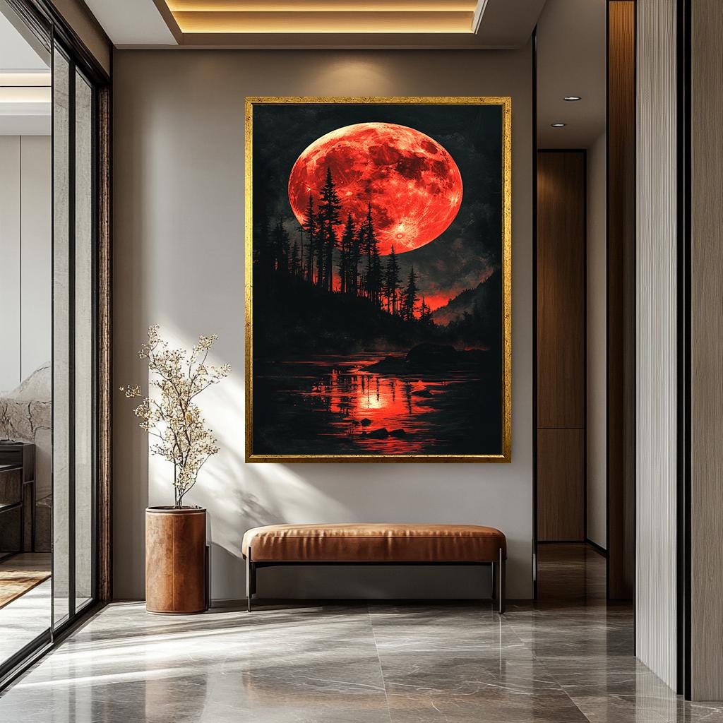 Blood Moon Wall Art – Red Moon Canvas Painting | Handmade Forest Decor
