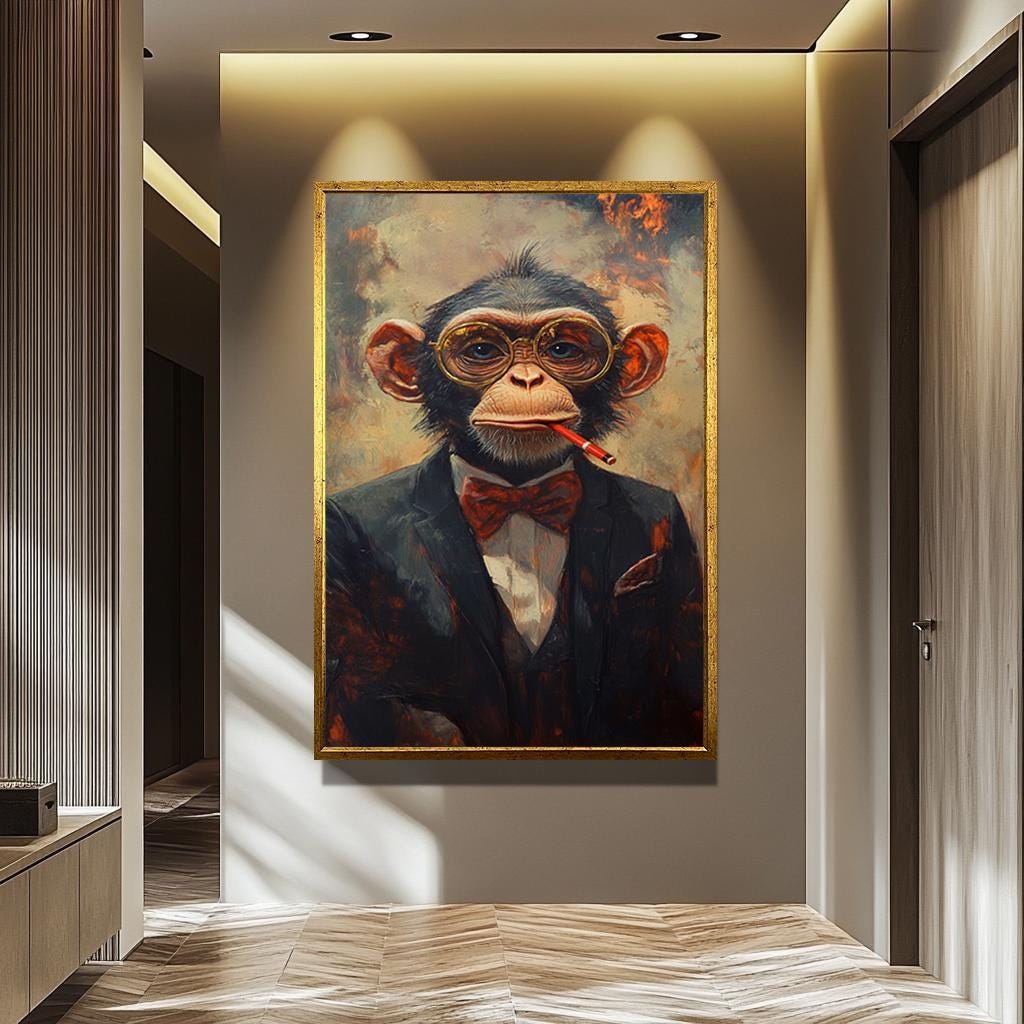 Monkey Wall Art – Vintage Animal Portrait Canvas Featuring Smoking Chimpanzee Print
