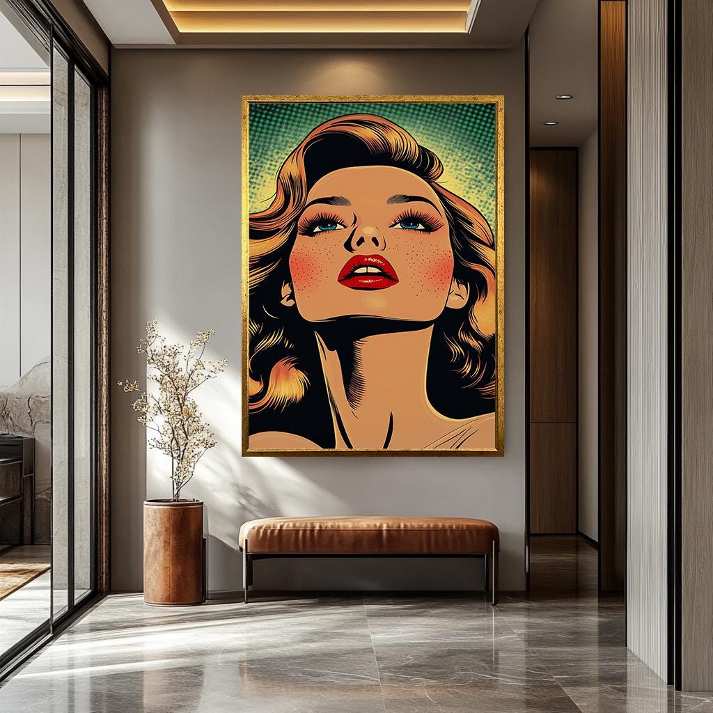 Pop Art Canvas Print – Retro Woman Artwork with Bold Red Lips & Freckles, Ready to Hang