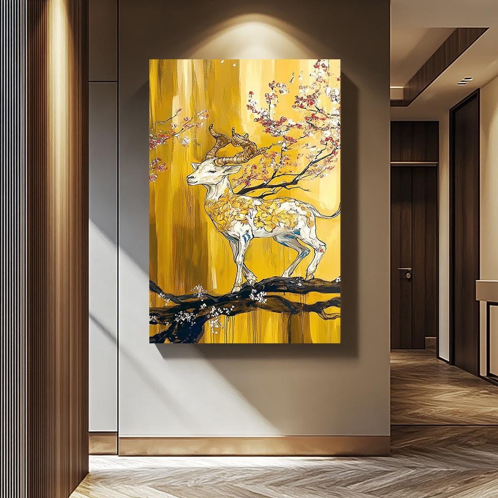 Golden Deer Wall Art - Abstract Hand-Painted Canvas with Cherry Blossom Decor