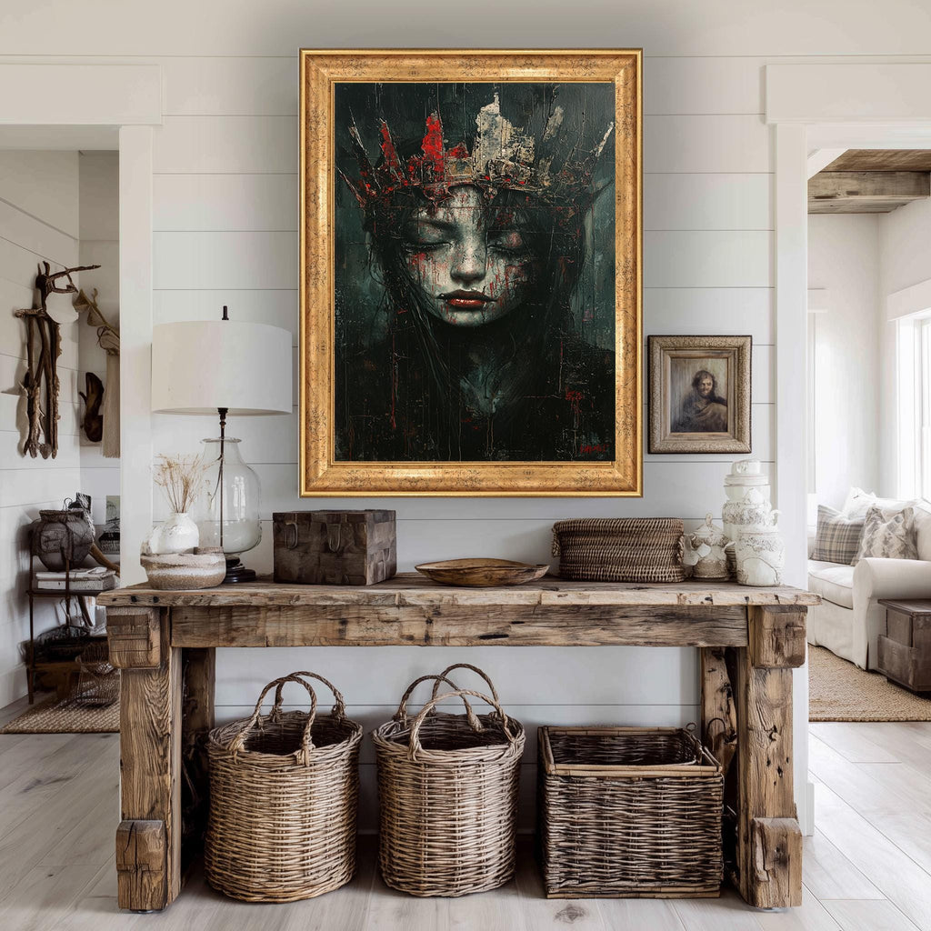 Gothic Queen Canvas Print – Dark Fantasy Art With Broken Crown & Textured Face