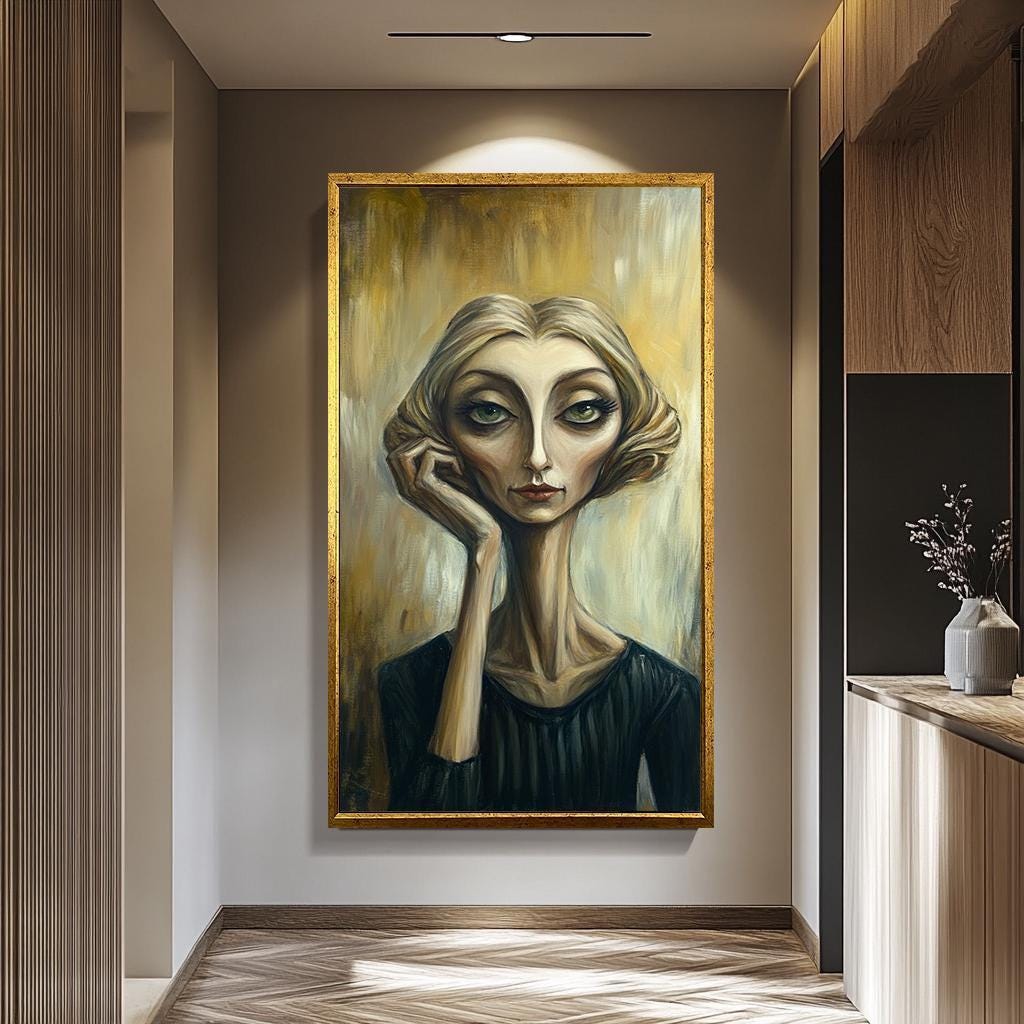 Abstract Woman Wall Art – Surreal Expressionist Painting | Quirky Female Portrait Print