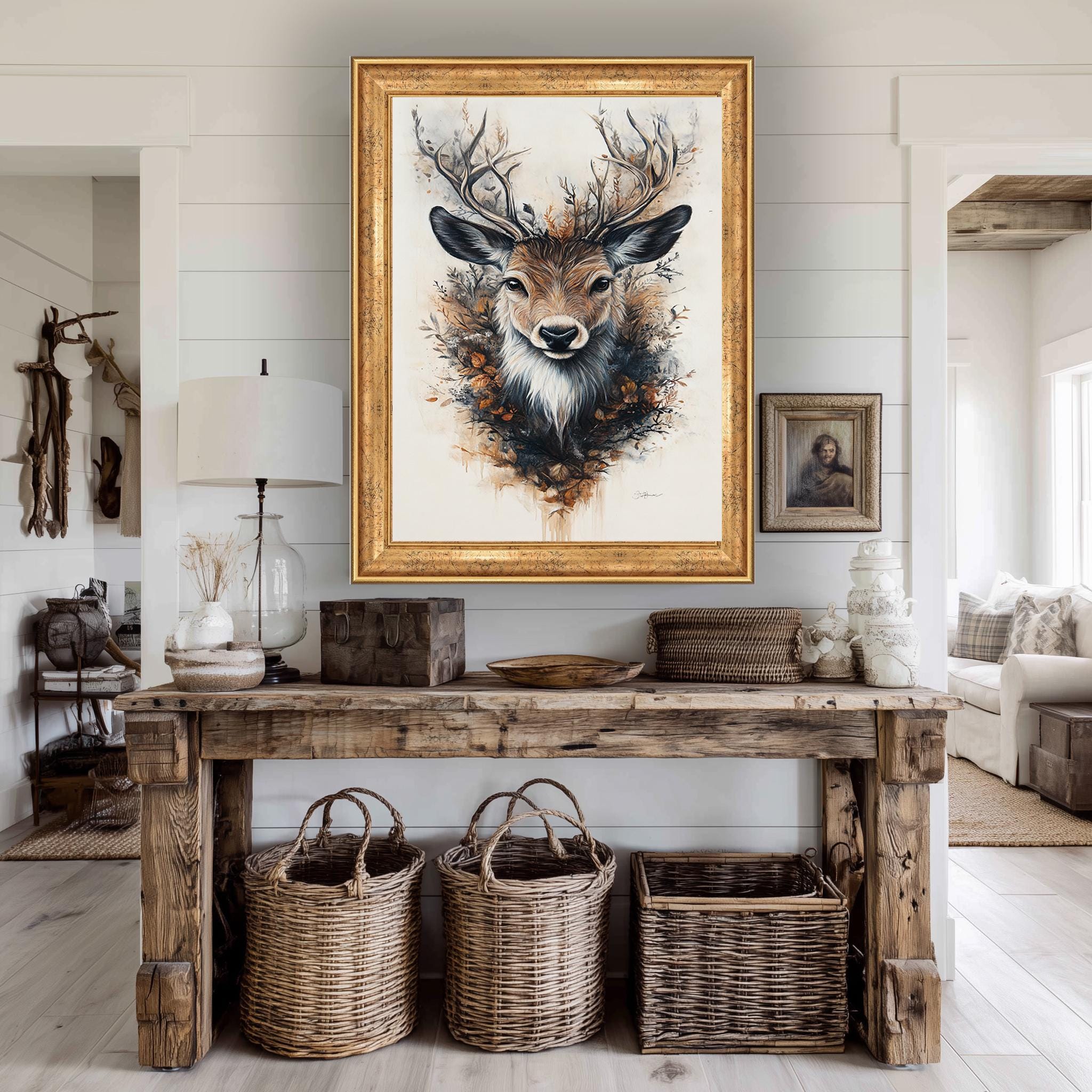 Autumn Deer Wall Art – Floral Antler Canvas | Rustic Woodland Botanical Print