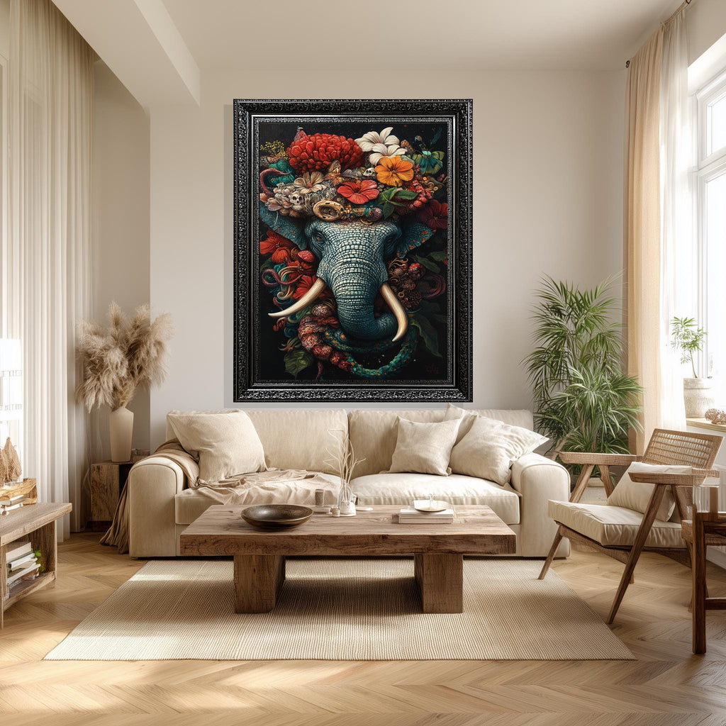 Elephant Floral Canvas Print – Vibrant Botanical Tropical Wall Art with Floral Crown Artwork