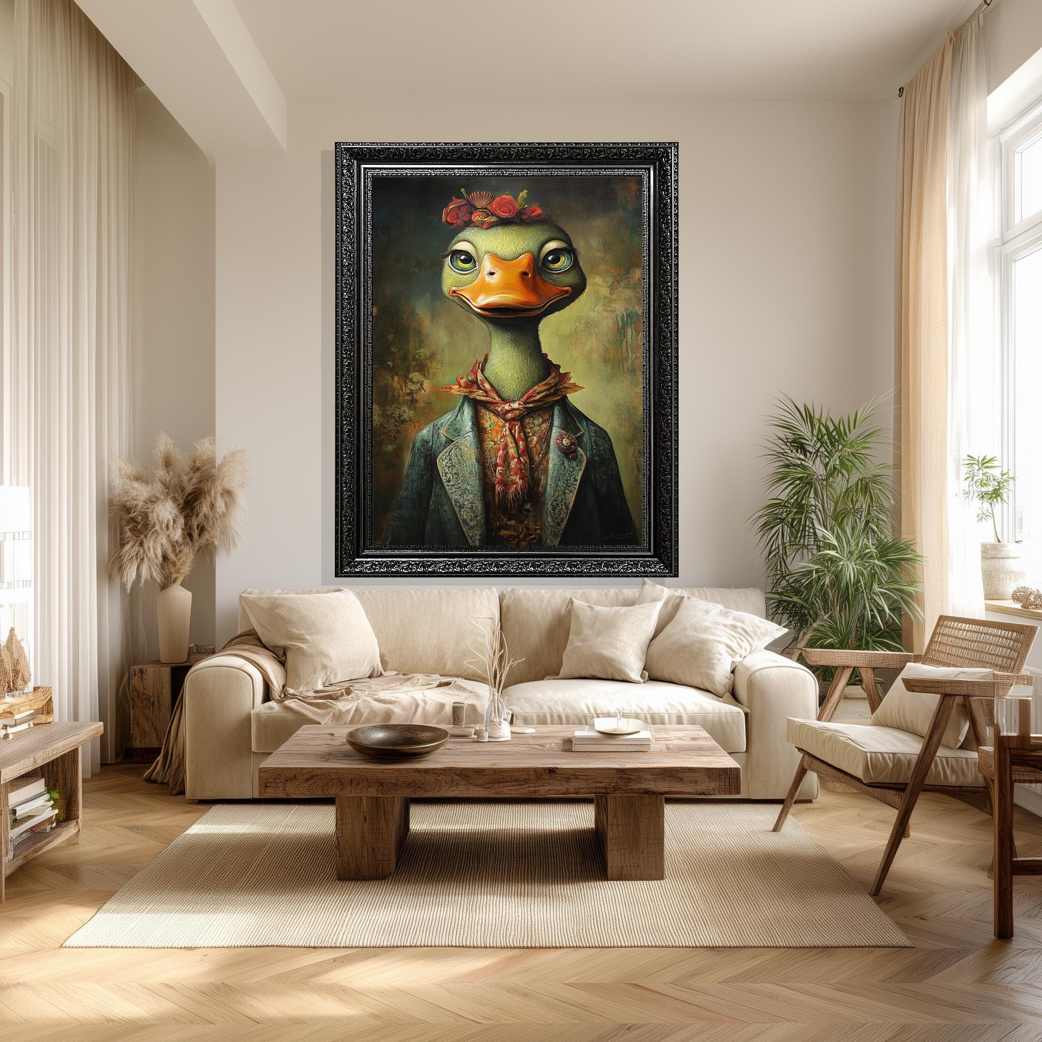 Whimsical Duck Canvas – Vintage Floral Crown Animal Portrait Print for Nursery Wall Art