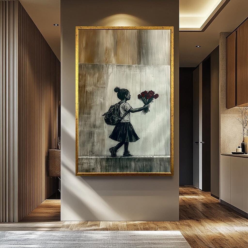 Banksy Wall Art – Girl with Roses Print | Urban Minimalist Canvas Painting