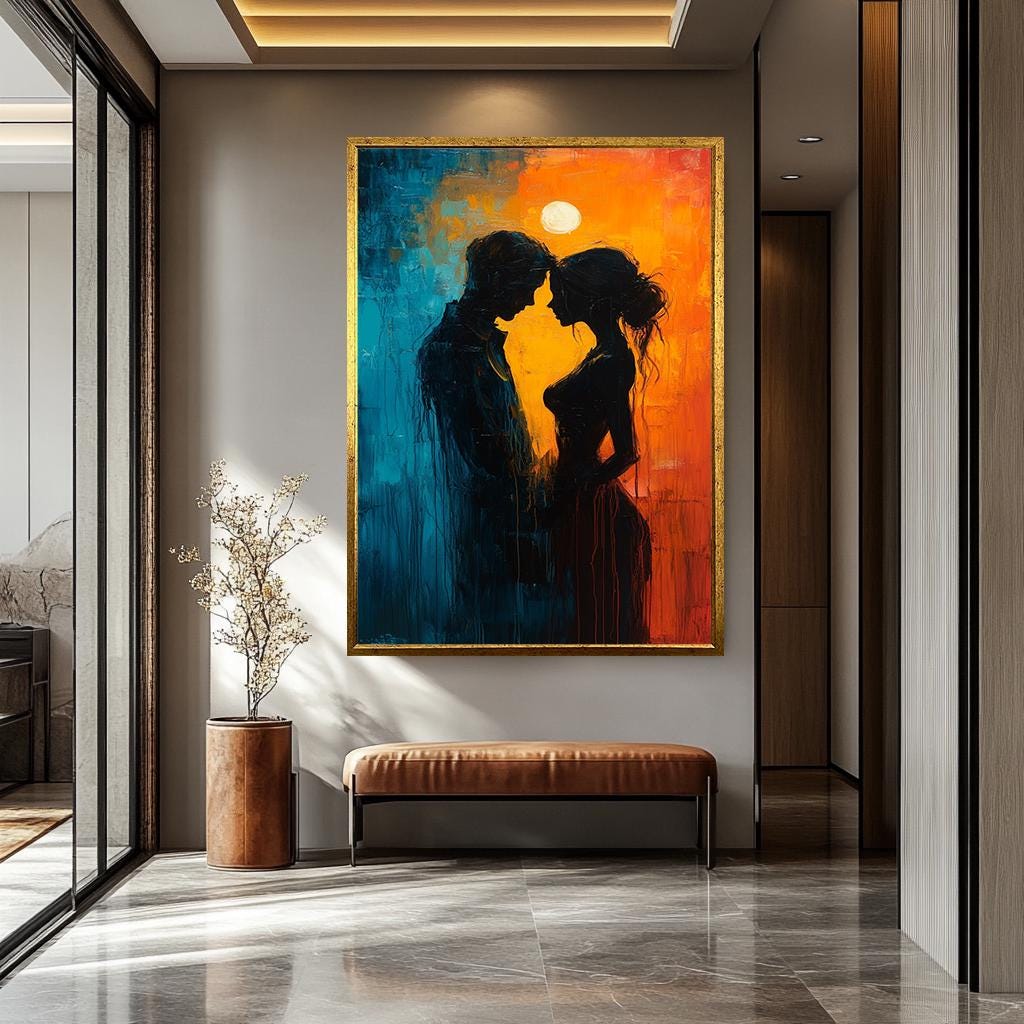 Couple Silhouette Wall Art – Romantic Canvas Painting | Sensual Home Decor