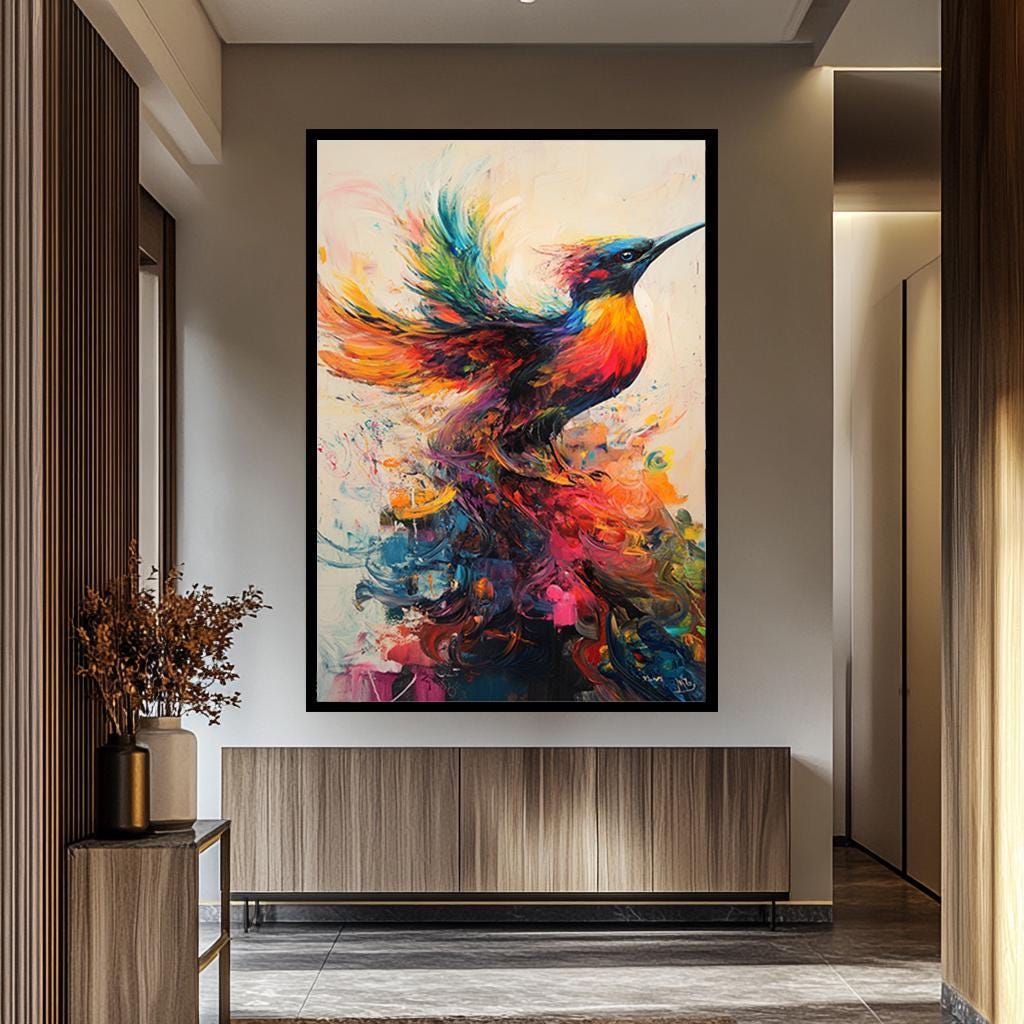 Colorful Bird Wall Art – Abstract Canvas Print With Vibrant Rainbow Painting