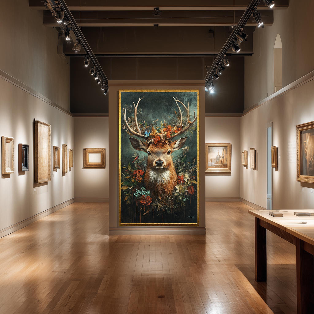 Majestic Deer Canvas Art – Rustic Floral Antlers with Butterflies | Woodland Wall Decor