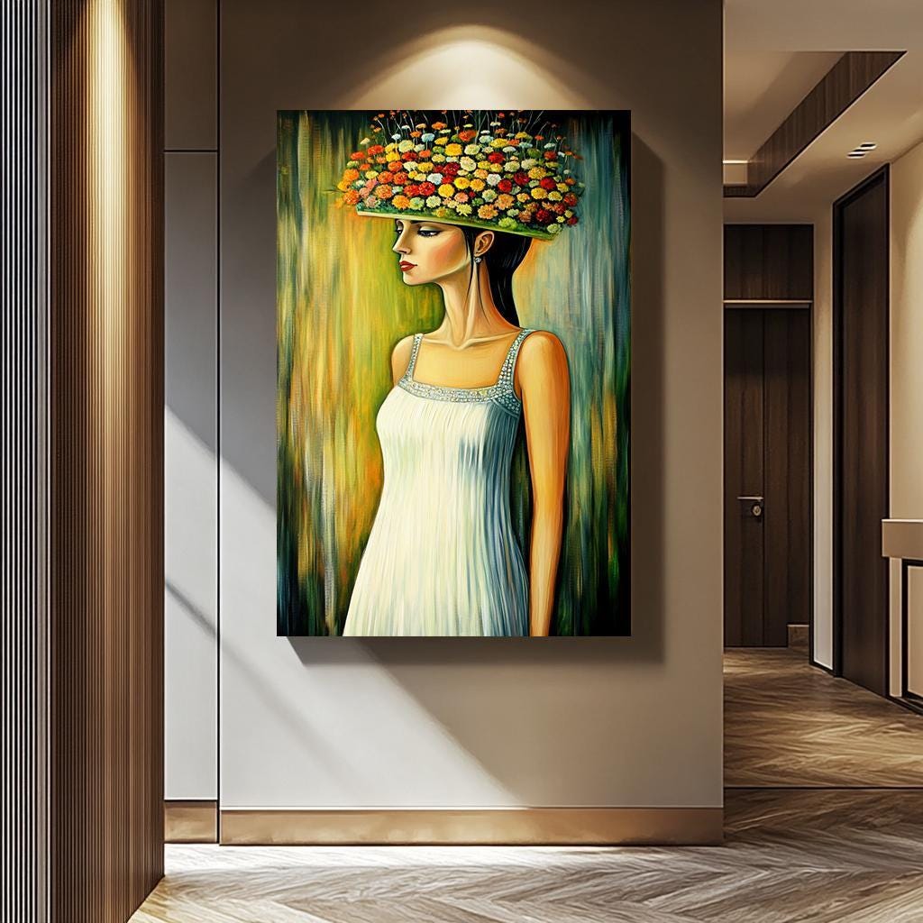 Floral Women Wall Art - Whimsical Portrait Canvas With Flower Hat | Elegant Botanical Decor