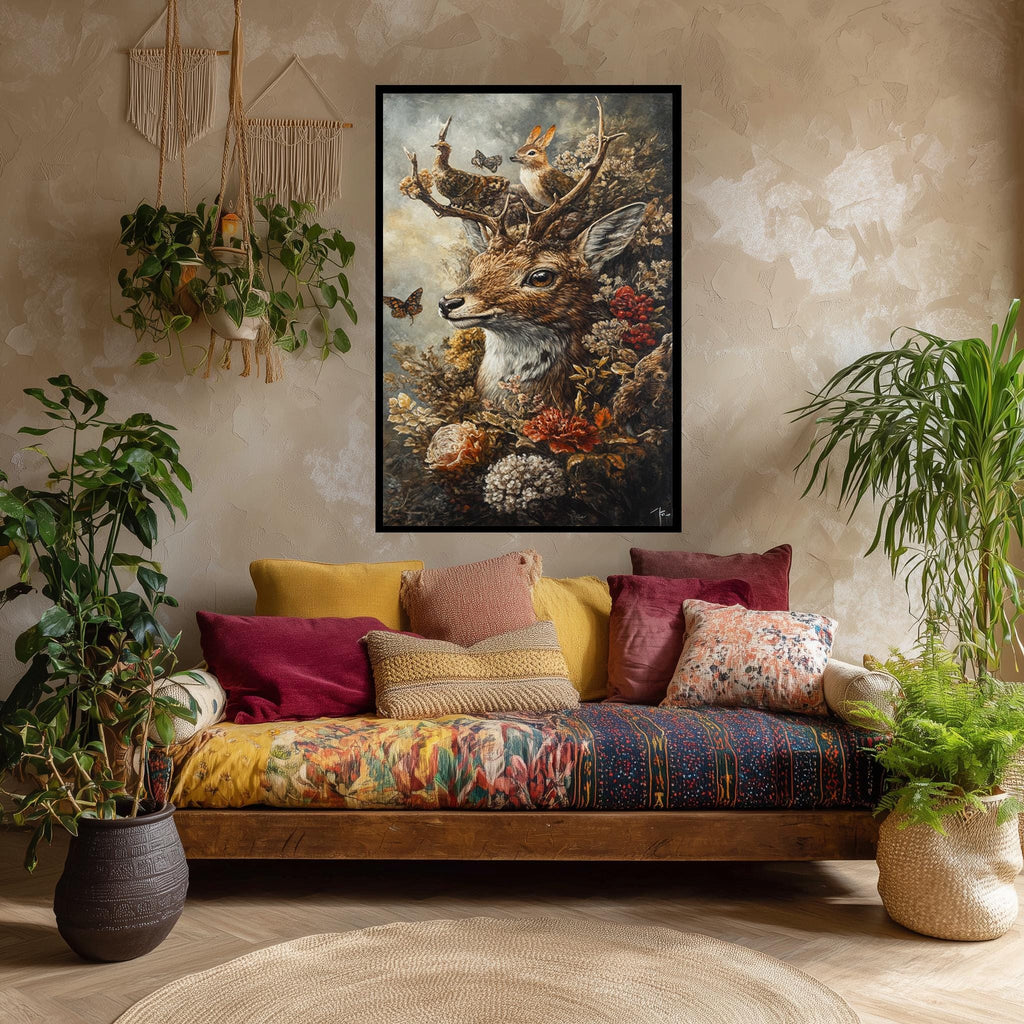 Vintage Deer Canvas – Woodland Animal Print with Butterflies, Rabbits & Flowers