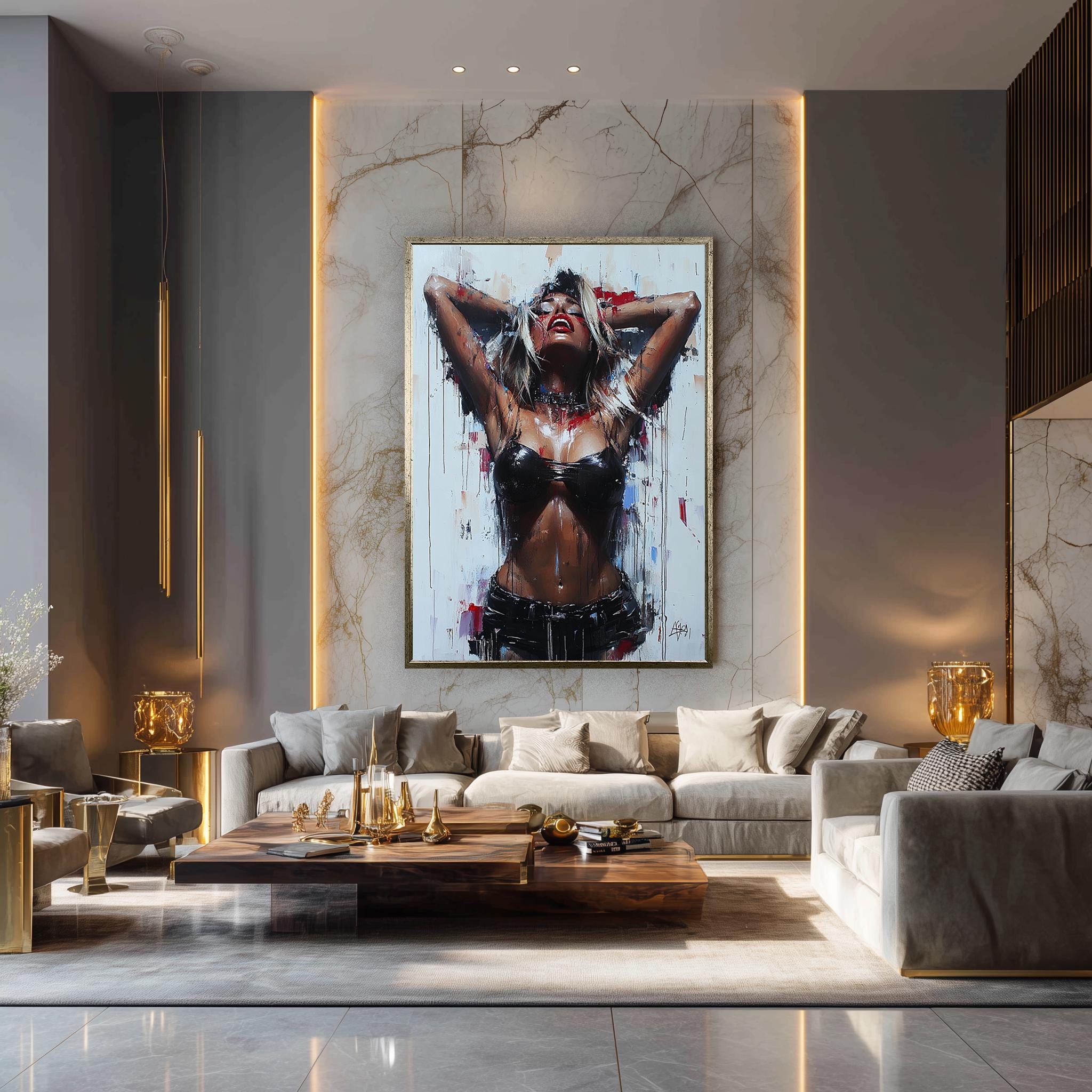 Sensual Woman Canvas Print – Bold Expressionist Style Erotic Wall Art, Leather Fashion