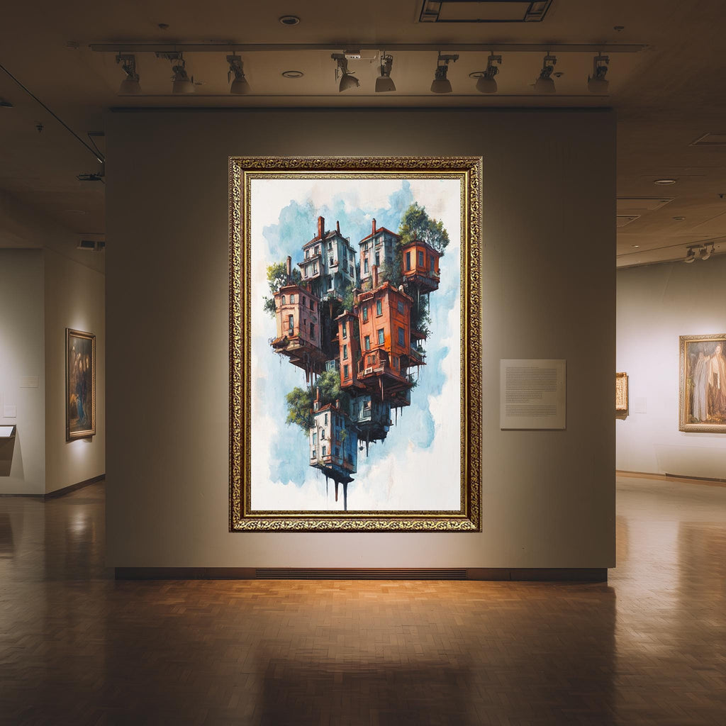 Floating Houses Canvas Art – Surreal Architecture Print With Colorful Sky Island