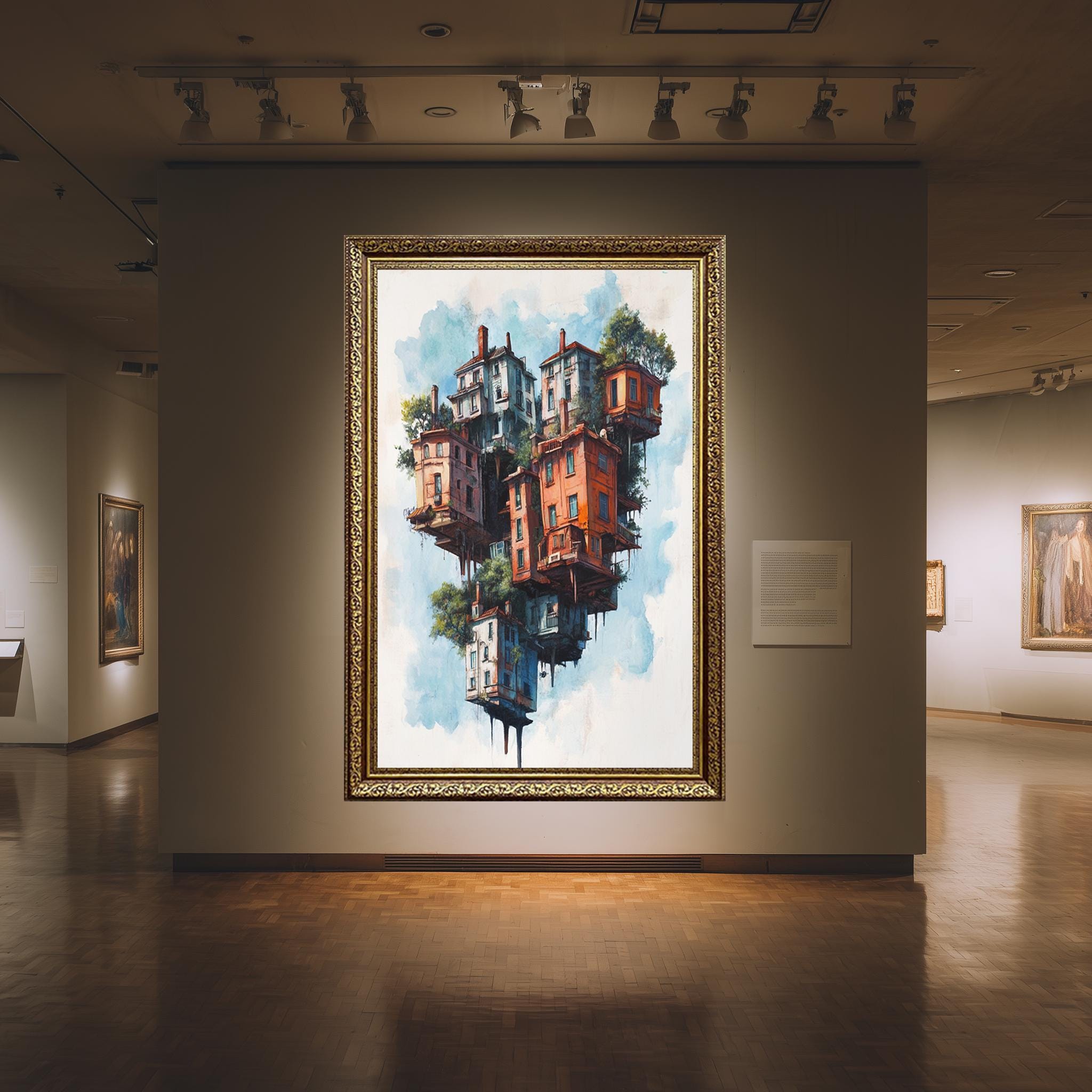 Floating Houses Canvas Art – Surreal Architecture Print With Colorful Sky Island