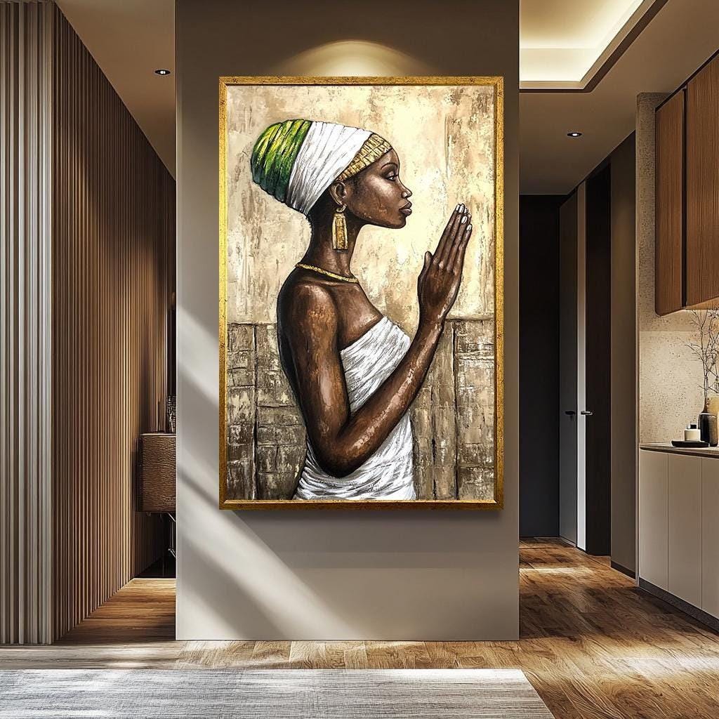 African Women Wall Art – Serene Black Woman Canvas Painting | Modern Home Decor