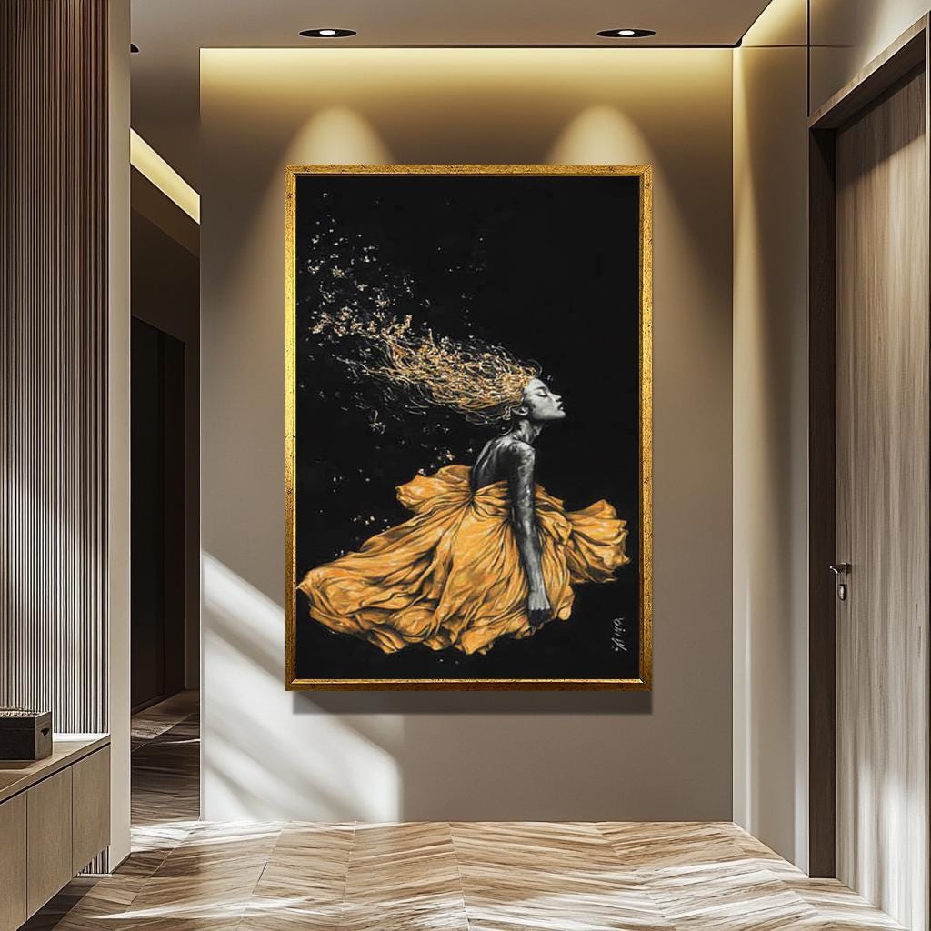 Golden Women Wall Art – Abstract Female Portrait Canvas | Black Gold Modern Decor