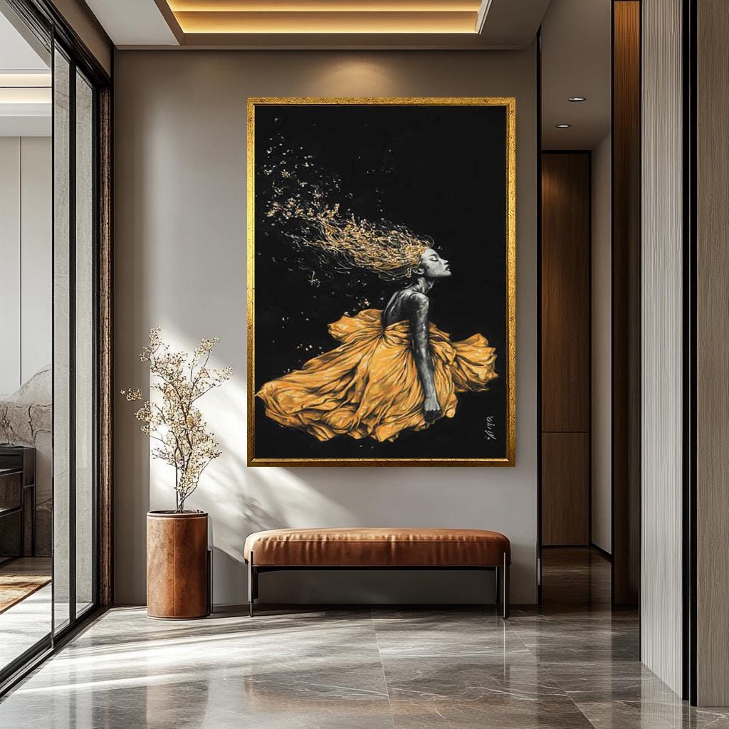 Golden Women Wall Art – Abstract Female Portrait Canvas | Black Gold Modern Decor