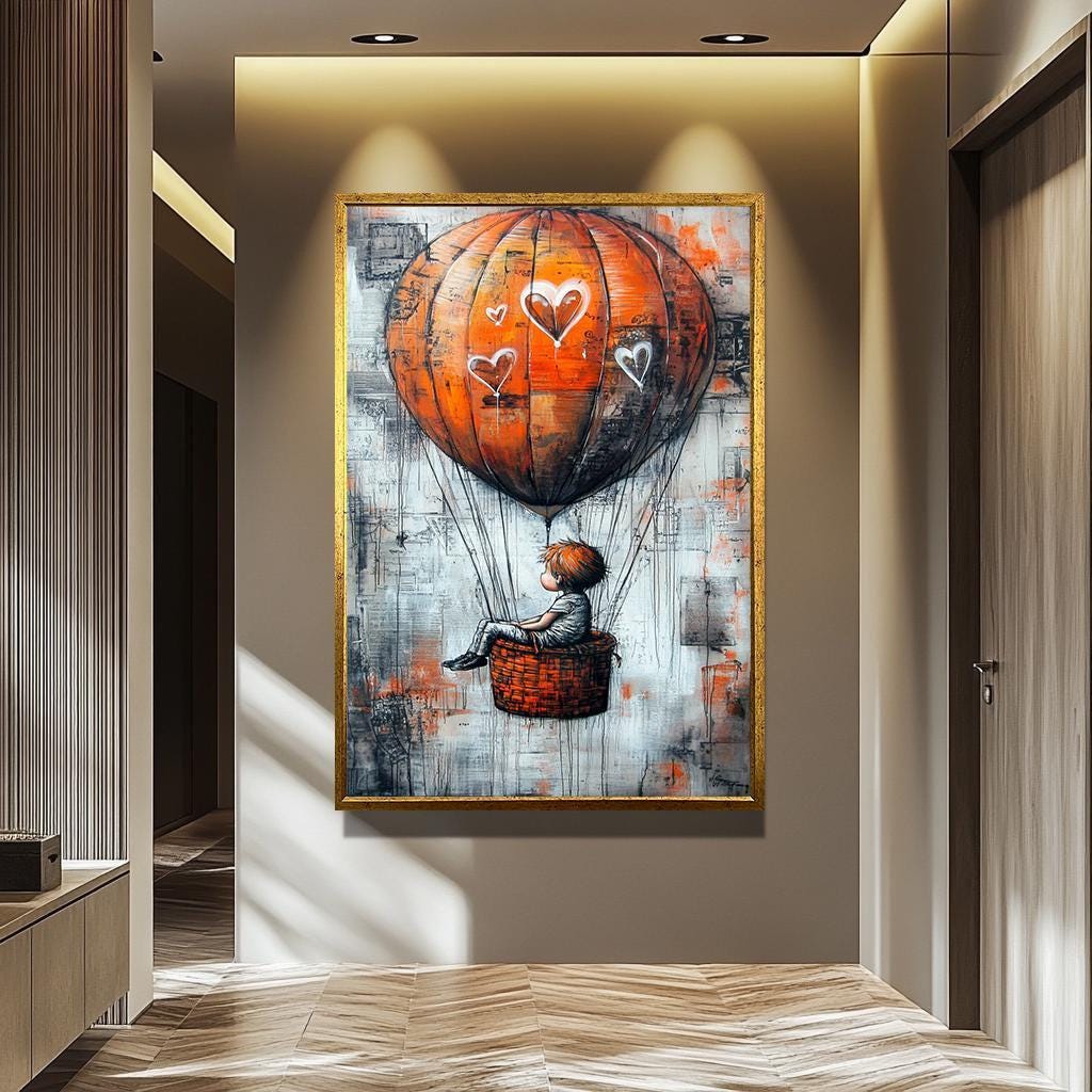 Orange Hot Air Balloon Art - Graffiti Style Canvas With Whimsical Hearts | Modern Urban Artwork