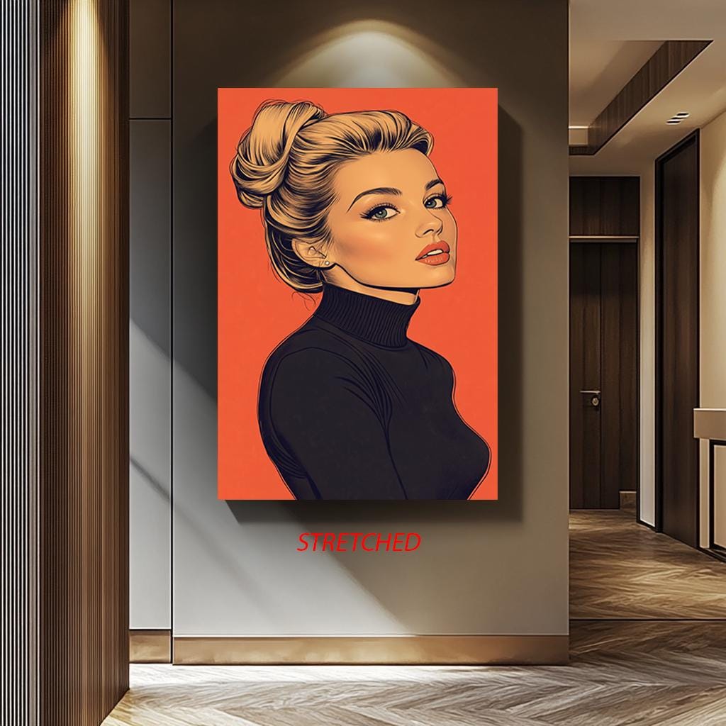Pop Art Canvas Print – Blonde Woman Painting with Black Turtleneck & Bold Orange Background
