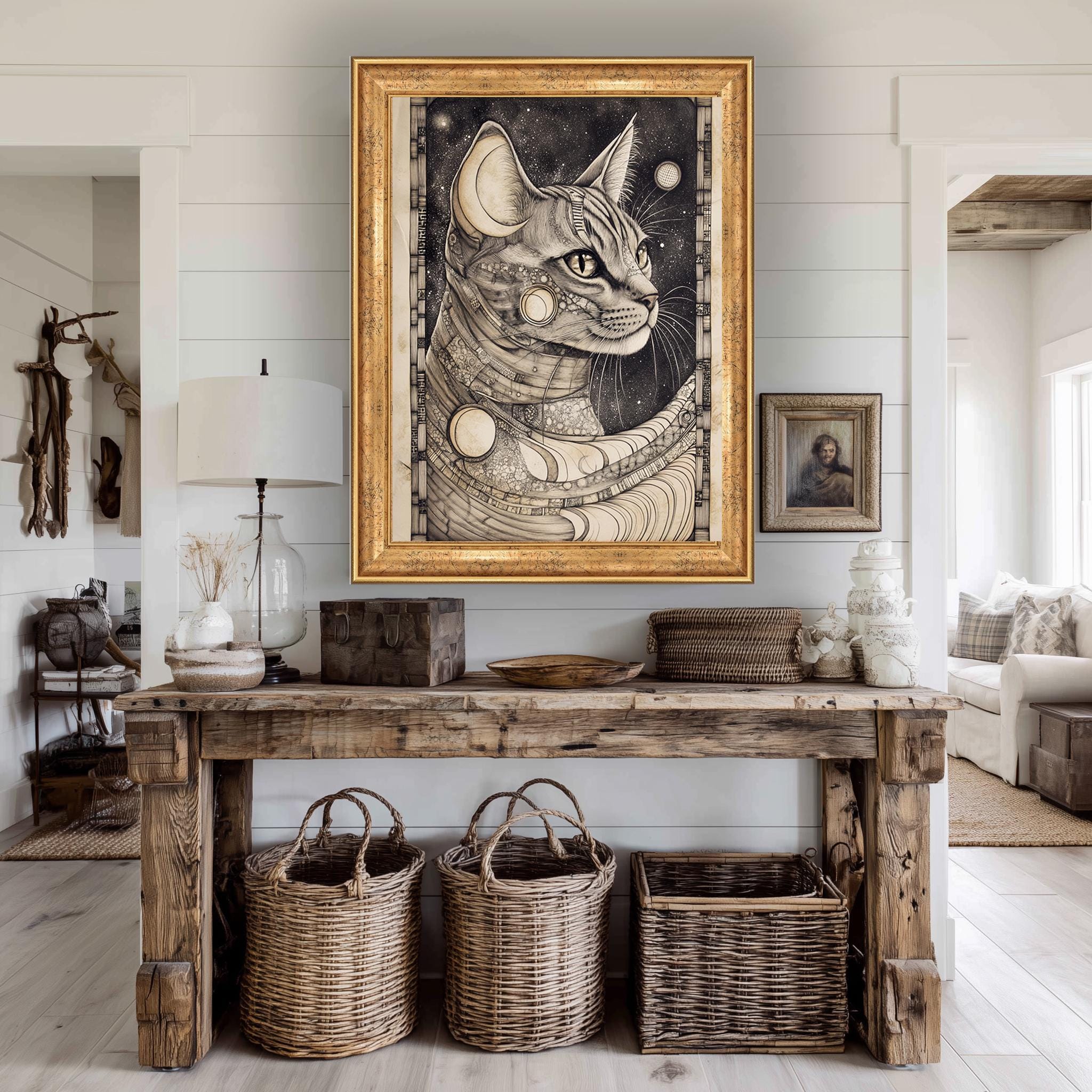 Art Nouveau Cat Canvas - Cosmic Cat Wall Art With Celestial Moon Phases