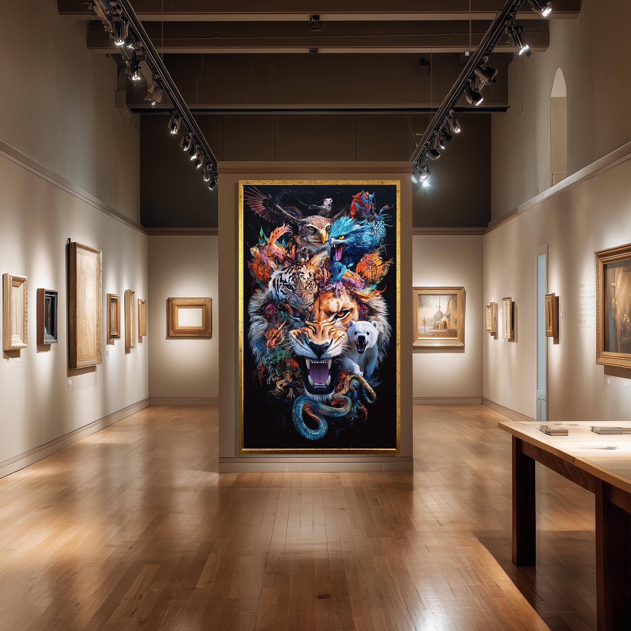 Animal Collage Wall Art – Bold Wildlife Canvas Print Featuring Lion, Tiger & Mythical Creatures