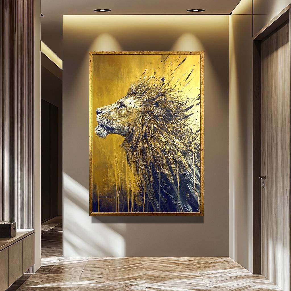 Lion Wall Decor – Abstract Lion Art Canvas Painting | Luxury Wildlife Wall Art