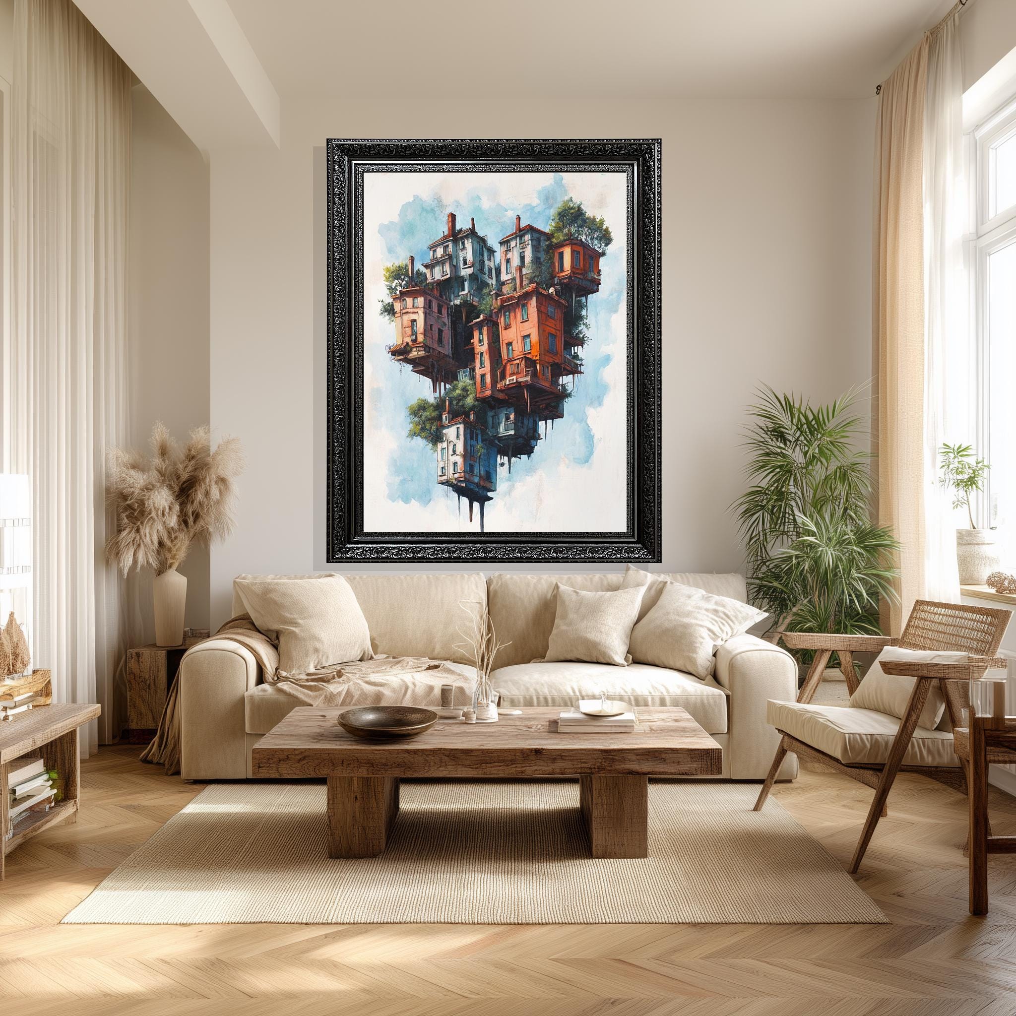 Floating Houses Canvas Art – Surreal Architecture Print With Colorful Sky Island