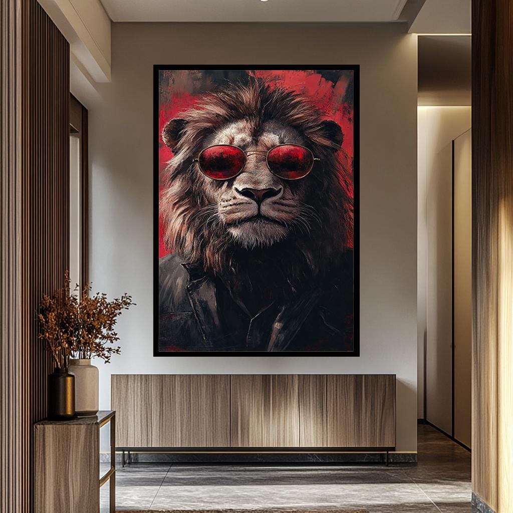 Lion Wall Art – Red Black Canvas Print | Hipster Animal Canvas Decor