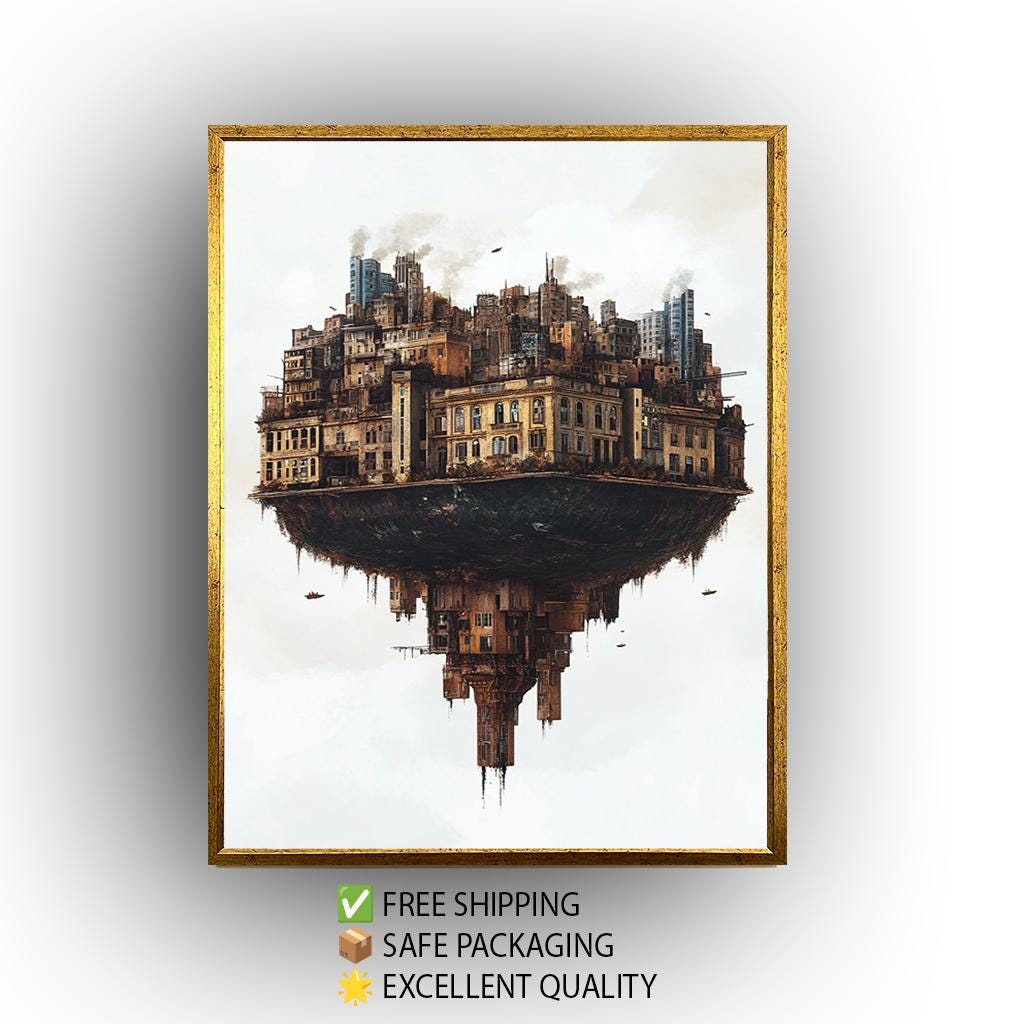 Floating City Canvas – Surreal Urban Fantasy Print with Inverted Buildings Art
