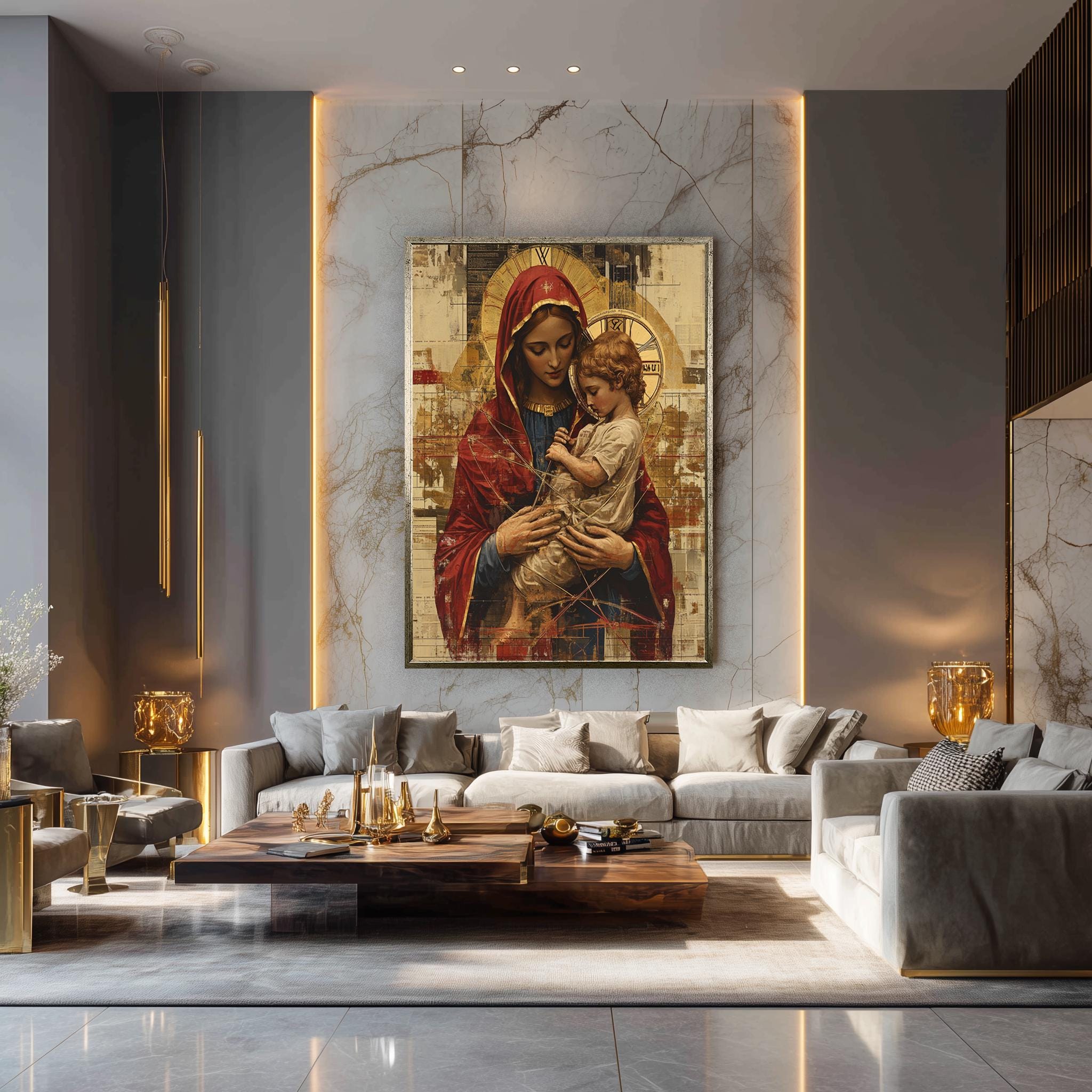Virgin Mary Jesus Canvas - Sacred Mother Child Print | Gold Halo Artwork