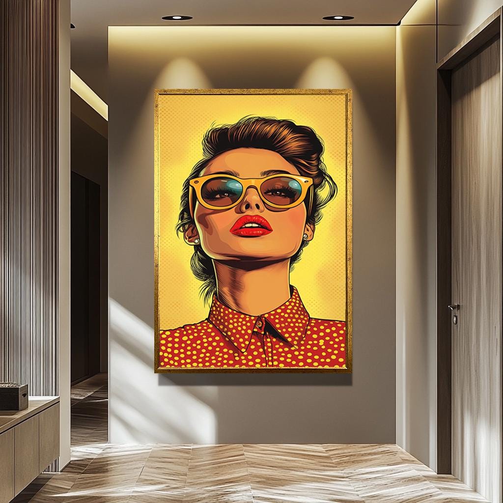 Pop Art Canvas Print – Bold Woman in Sunglasses | Retro Yellow Polka Dot Wall Art