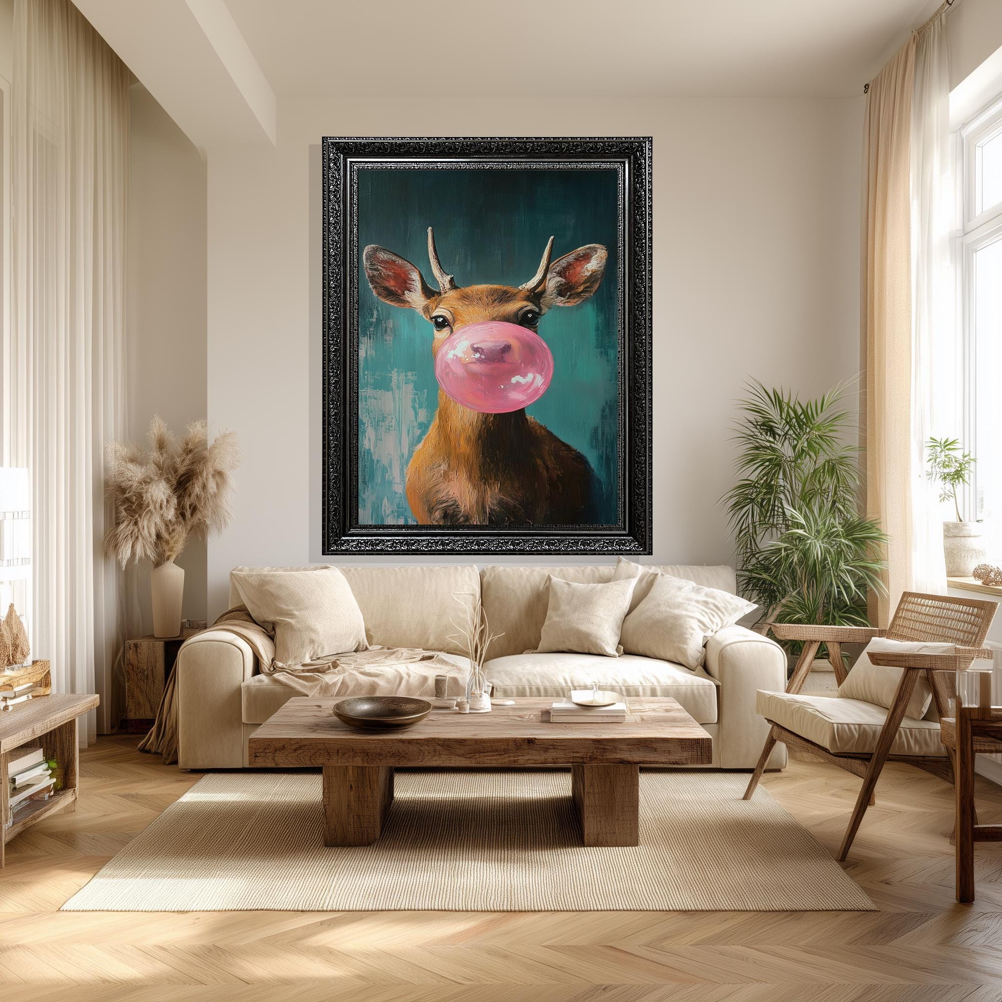 Funny Deer Wall Art – Bubblegum Animal Print on Teal Canvas for Kids Room Decor